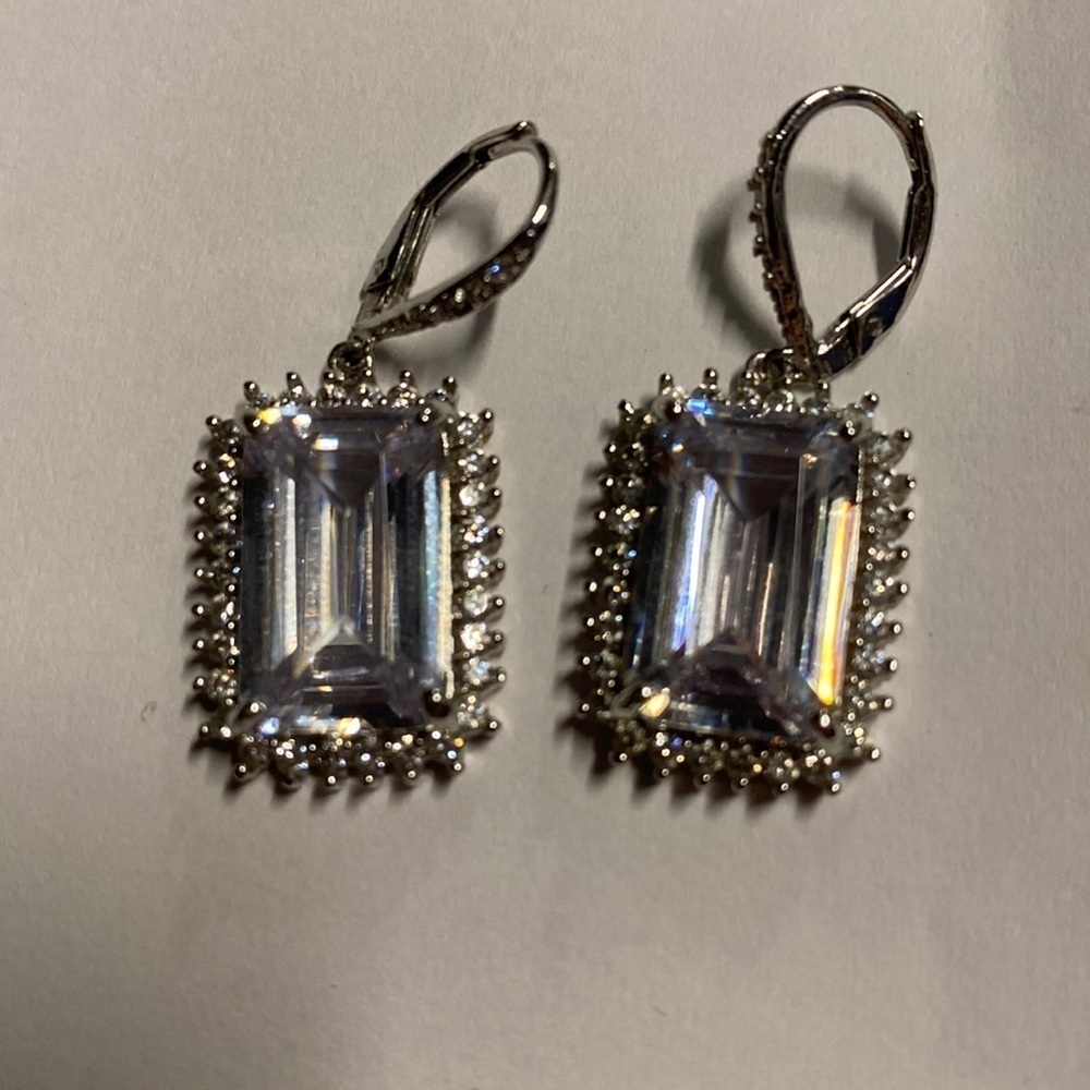 925 Sterling Silver and Emerald Cut Crystal Earrings